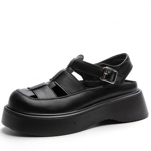 סנדלי פלטפורמה מעור אמיתי 45 סמ לנשים נעלי קיץ רצועת אבזם שחור בז שקופיות נעלי בית סנדלי טריז חוף s