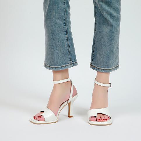 סנדלים נשים קיץ עור אמיתי peep toe נעלי עקב דקות סופר גבוהות סנדלים אבזם רצועה נעלי שמלת מסיבה