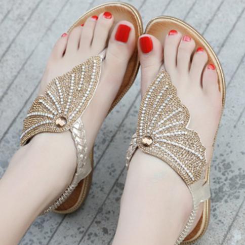 סנדלי יהלומים מלאכותיים לנשים קיץ רטרו נעלי בית בגודל גדול כפכפים פנאי חיצוני אנטי החלקה נעלי חוף שטוחות סנדליה