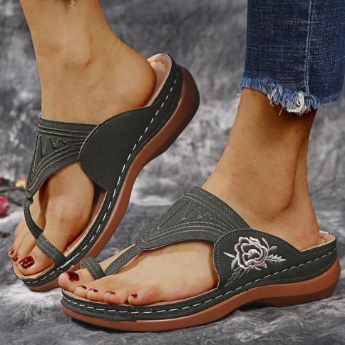 כפכפי רטרו פרחוני נשים קיץ פתוח בוהן צבע אחיד סנדלים טריזים פלוס מידה נעלי חוף ללא החלקה zapatillas de m