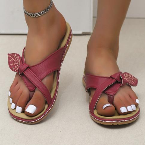 עלים כפכפים נשים קיץ רטרו פלוס מידה שטוח תחתון קליפ אצבע נעלי נעלי פנאי ללא החלקה סנדלי חוף zapatos de muje