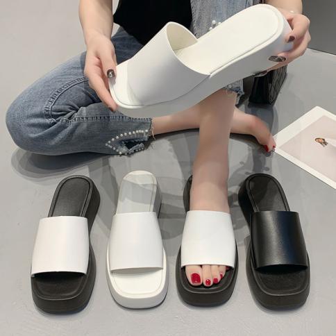 נשים פלטפורמת נעלי בית בסגנון קיץ אופנה מרובע ראש החלקה מעצב נעלי חוף סנדלים שטוחים zapatillas de mujer