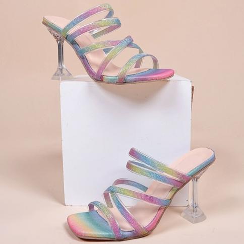 סנדלי rhinestone לנשים נעלי ראש מרובע במידות גדולות נעלי מסיבה גבוהות נעלי עקב חיצוניות zapatos de damas elegantes cas