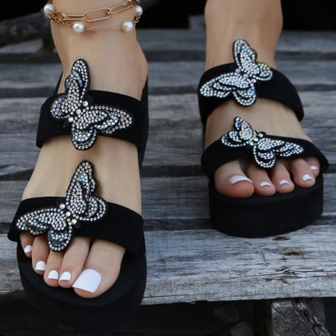 נעלי פרפר במידות גדולות נשים אופנה rhinestone טריזים סנדלי חיצוני מזדמנים נעלי חוף מנוחת החלקה zapatillas muje