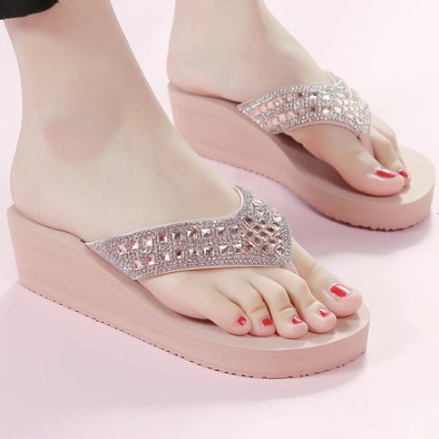 נעלי בית יהלומים מלאכותיים לנשים אופנה קיץ בצבע אחיד כפכפים חוף חג חוף עבה נעלי טריזים zapatos para