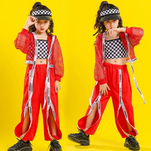 2023 תחפושת גאז לילדות מעיל רשת אדום מכנסיים שסע בגדי ריקוד היפ הופ ילדים מופעי ריקוד מודרניים תלבושת הבמה wea
