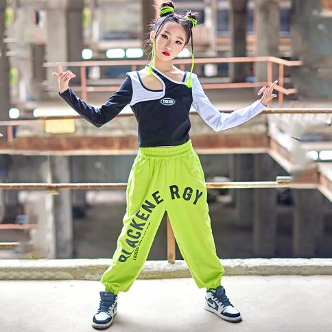 תלבושות גאז בנות קרופ חולצות מכנסיים ירוקים היפ הופ אימון באולם נשפים ללבוש מופעי יום ילדים בגדי ריקודי רחוב