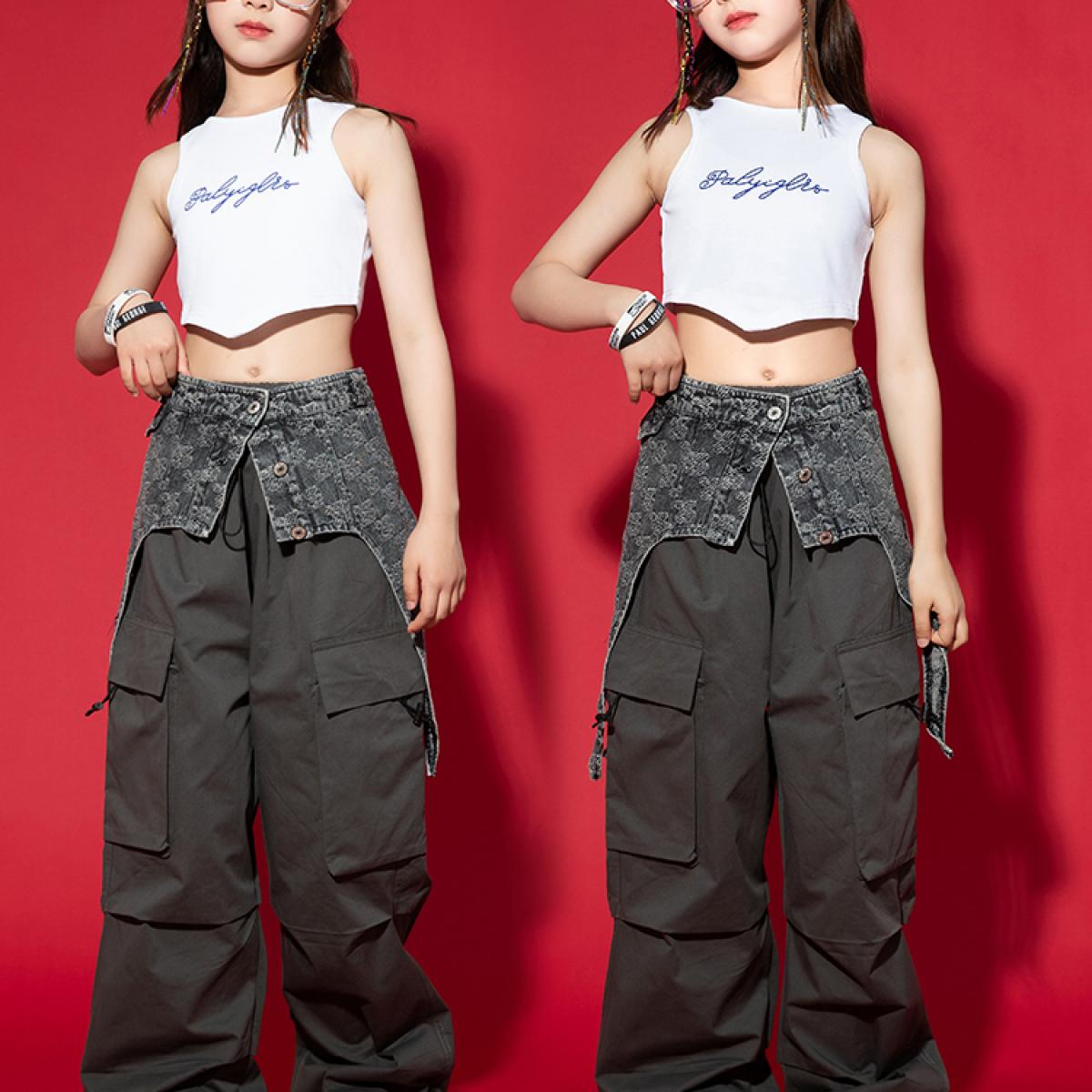 Kids Hip Hop Dance Costume Girls Crop Tops Vest Loose Cargo Pants Jazz  Performance Outfit Summer Modern Dance Clothes Bl Color 3pcs size 180cm