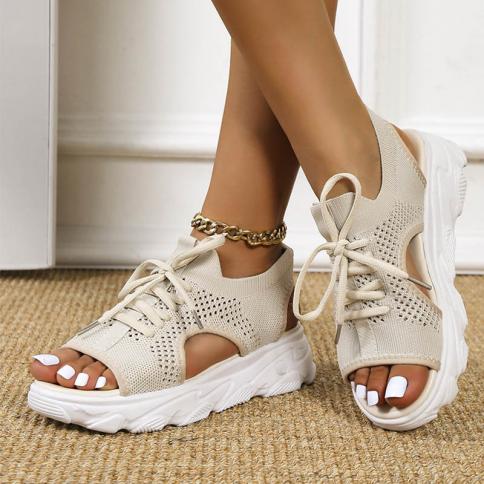 קיץ 2022 סנדלי נשים רשת נעלי קזואל לבנות עם סולייה עבה סנדליות שרוכים עם אצבע פתוחה לחוף חדש zapatos mujer