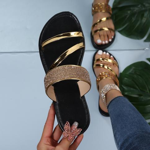 קיץ 2023 נשים חדשות זהב כסף סנדלים סליפון בלינג ריינסטון נעלי חוף צרה נעלי חוף קזואל