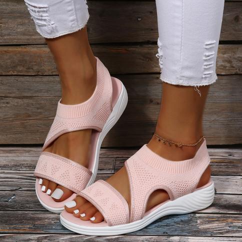קיץ מידות גדולות אריגה החלקה על סנדלים אופנה נושם קל משקל רשת טריז נעלי נשים פלטפורמת דג חול פה