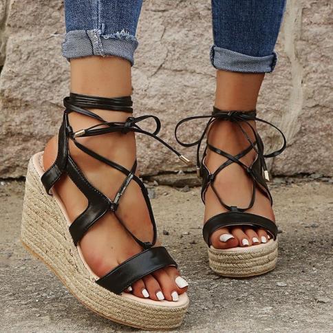סנדלי נשים קיץ לנשים סנדלי טריזים עבים פלטפורמה בגודל פלוס נעליים קשורות קרסול לנעלי עקב אלגנטיות