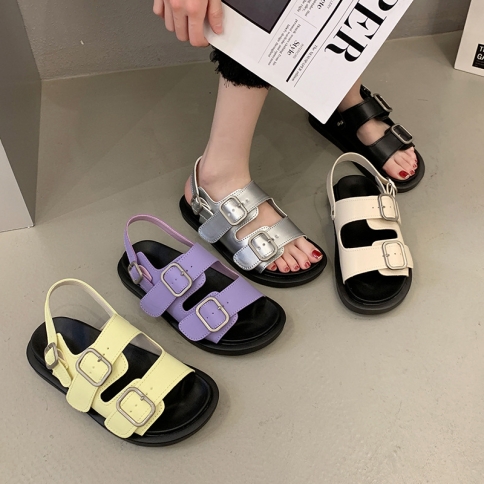 birkenstocks חגורה כפולה אבזם שטוח סנדלי עור רך לנשים אבזם קיץ נעליים רומיות אופנתיות נעלי חוף