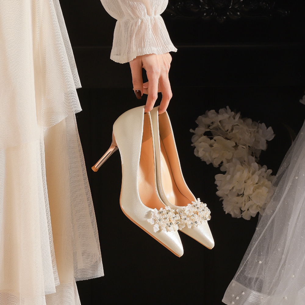 Champagne satin bridal on sale shoes