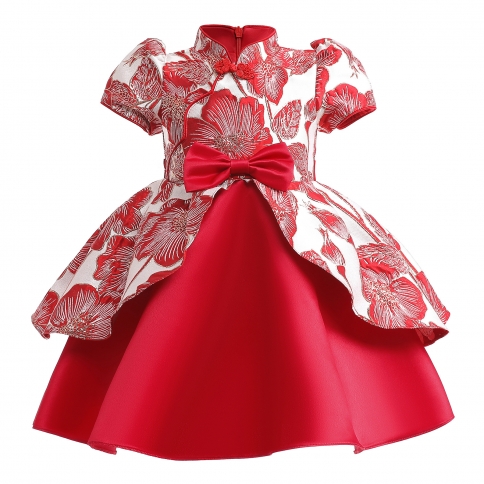 Children's Dress Jacquard Red Black Dress New Girl Dress Small Flying  Sleeves Pleated Princess Dress Children's Dress Party Dresses 