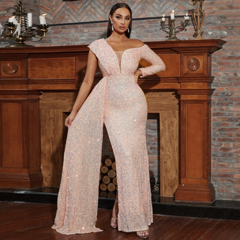 And Long-sleeved Temperament Long Sequined Oblique Collar Backless Banquet  Evening Dress Bridesmaid Dress size S Color Pink