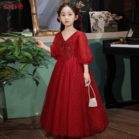 Red Girl's Evening Dress High-end Fluffy Princess Dress Children's Birthday  Flower Girl Little Girl Piano Performance Co appropriate height 140cm Color  Red