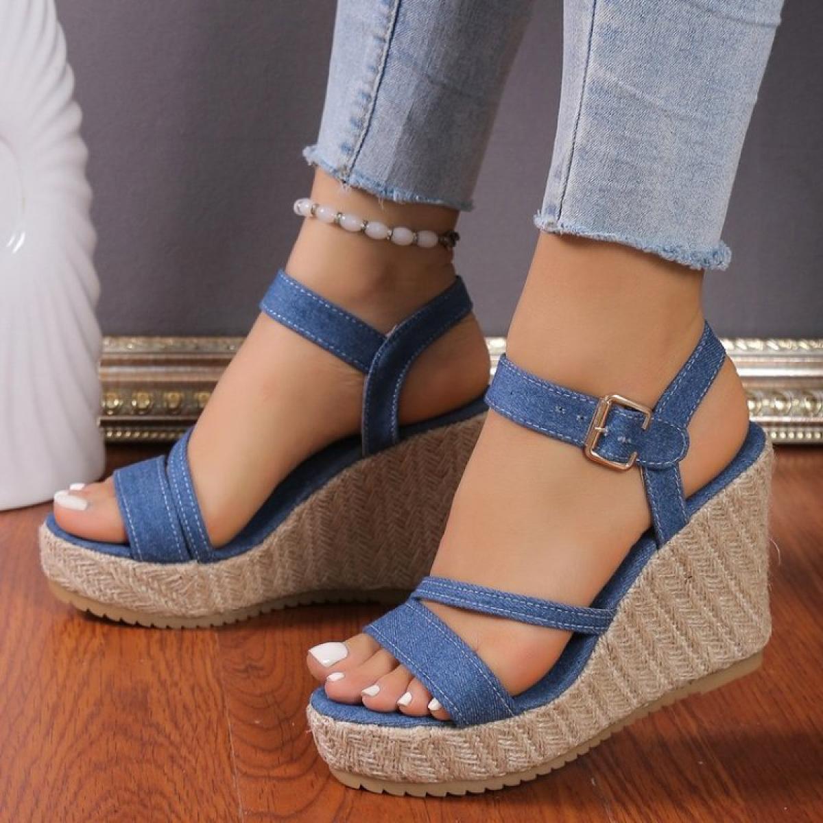 Denim Peep Toe Sandal With Straps Ankle Strap Wedges Denim Blue