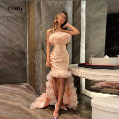 vintage nude pink satin strapless evening dresses pleated high low sleeveless club night prom dress فساتين الس�