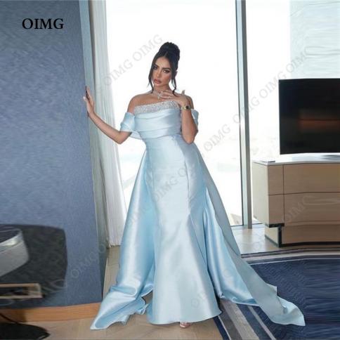 oimg light blue long sequines off the shoulder evening dresses satin arabic formal prom party gowns ankle length فسا�