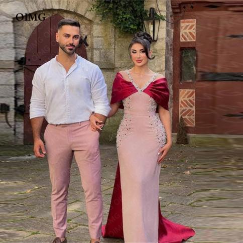 oimg pinkred beads sequines off the shoulder evening dresses satin arabic formal prom party gowns ankle length فسات