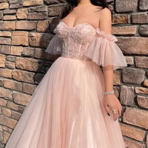 strapless open back dress A-line Off The Shoulder Tulle Prom Dress Baby pink quince dress Ball G –  formalgowns main image 1