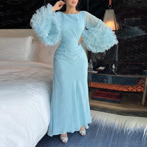 Oimg Sky Blue Chiffon Arabic Formal Evening Dresses Full Sleeves Tea Length  Dubai Custom Party Prom Gowns Night Club Dre Color Purple US Size 14W