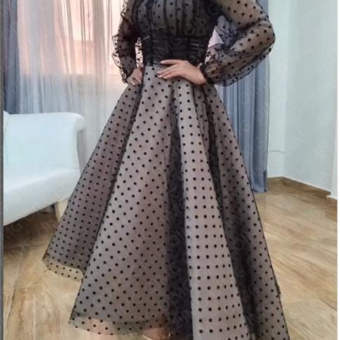 Oimg Black Dots A Line Long Custom Prom Dresses O Neck Full Sleeves Dubai  Arabic Women Evening Gowns Formal Event Night Color Ivory US Size 14W
