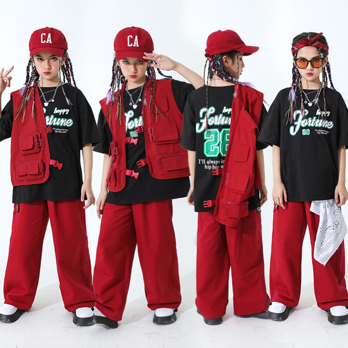 2023 Jazz Costume Girls Modern Dance Clothes Black Vest Red Pants Kids Hip  Hop Performance Outfit Ballroom Practice Wear