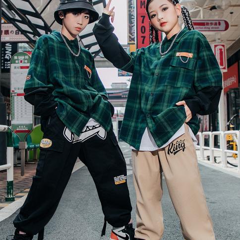2023 Kids Hip Hop Costume For Girls Kpop Jazz Dance Clothes Plaid Tops  Cargo Pants Tooling Modern Dance Performance Wear size 150cm Color Pants