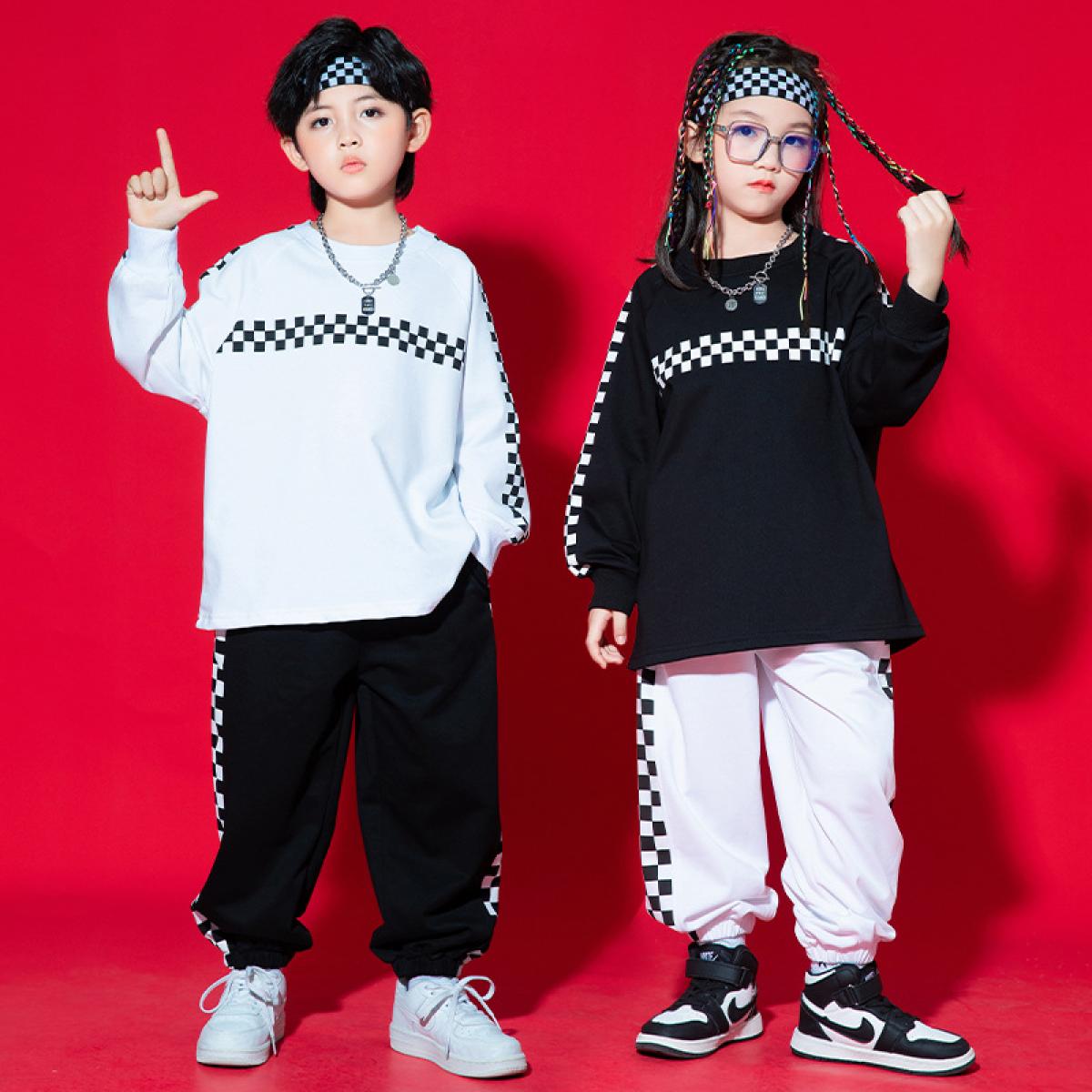 Children Hip Hop Dance Costume Girls Boys Long Sleeves Tops Sweatpants Jazz  Street Dance Performance Practice Wear Rave size 150cm Color Black Tops