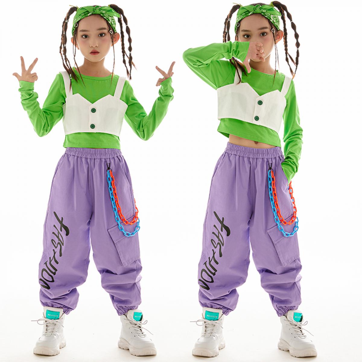 Fashion Kids Hip Hop Clothes Green Tops Purple Cargo Pants For