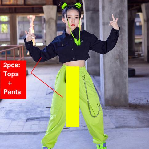 New Girls Modern Dance Clothes Long Sleeved Black Coat Green Cargo Pants  Kids Hip Hop Costume Concert Show Stage Clothin size 130cm Color 3pcs