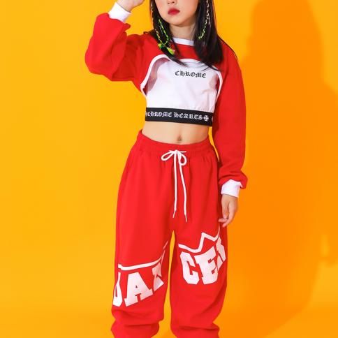 Hip Hop Girls Dance Clothes Cropped Black Tops Red Pants Loose