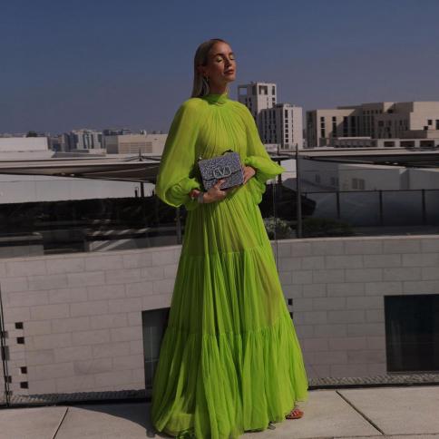 2022 Couture Robes De Soire Long Apple Neon Green Prom Party Dresses Long  Sleeve Pleated Chiffon