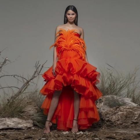 orange high low prom party dresses chic feathers ruffle formal occasion dress 2023 new فستان سهرة tiered sleeve