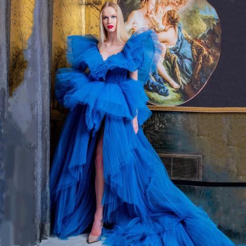 princess polly baby blue dress Royal Blue Elegant Women Dress For Wedding Party Gowns Fluffy Ruffled Tulle  Long Prom Gowns Pleated High Low Vestidos De size 34 Color Blue