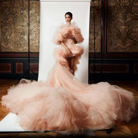 Peach Pink Puffy Tulle Prom Gown High Low Party Dresses With Long Train 2023 Newest Celebrity Formal Occasion Dress Cust size 44 Color Ivory Peach Pink Puffy Tulle Prom Gown High Low Party Dresses With Long Train 2023 Newest Celebrity Formal Occasion Dress Cust size 44 Color Ivory