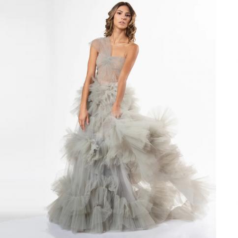 fairy ruffles tulle long prom party dresses gray one shoulder see thru tiered evening formal dress with liner فستان