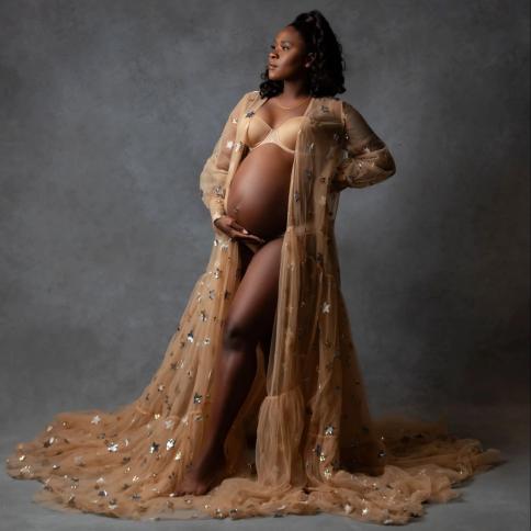 Gold Sparkle Stars Tulle Maternity Dress Women Robes For Babyshower Long  Sleeve Pregnancy Robe Photo Shooting Gowns Cust size 44 Color Lavender