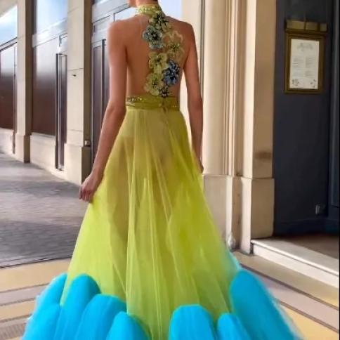 Chic Green And Blue Women Dress High Neck A Line 2 Colors Tulle Prom Gown Embroidery Sheer Back Formal Occasion Dresses size 34 Color Silver Chic Green And Blue Women Dress High Neck A Line 2 Colors Tulle Prom Gown Embroidery Sheer Back Formal Occasion Dresses size 34 Color Silver