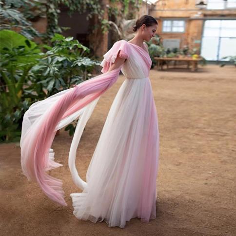 charming one shoulder chiffon bridal dress mixed color pink and white beach boho wedding party dresses prom فساتين