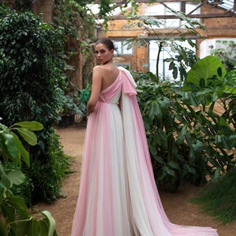 Charming One Shoulder Chiffon Bridal Dress Mixed Color Pink And White Beach  Boho Wedding Party Dresses Prom  size 32 Color Blue