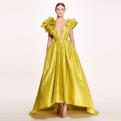 elegant yellow silk taffeta long prom gown 2023 formal dress deep v neck ruffled backless evening party dresses فسات