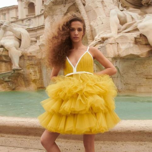 cute tiered tulle short party dress yellow v neck puffy tulle sweet candy birthday dresses فستان سهرة prom part