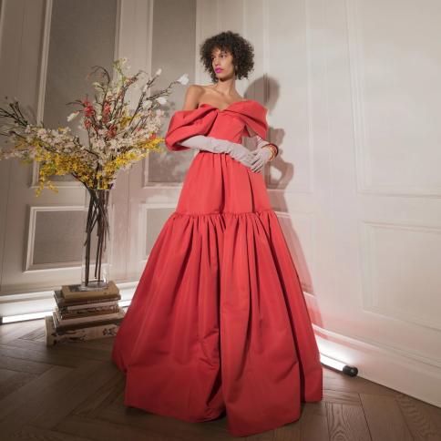 modest coral red silk satin formal dresses handmade off the shoulder long evening gown 2023 prom party dress puffy فس�