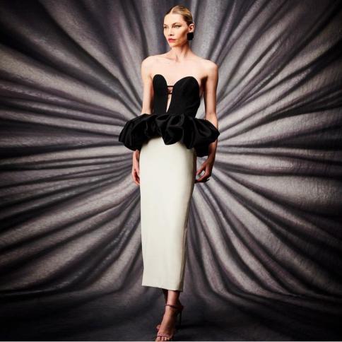 unique black and white party dresses for women 2022 strapless ankle length prom gowns ruffled peplum فستان سهرة