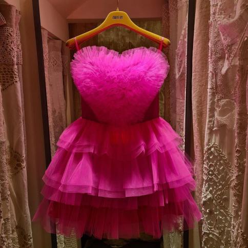 Hot Pink Sweetheart Party Dresses Ruffled Puffy Tulle Short Prom Gowns  Formal Dress For Girls Homecoming Wear Summer Eve size 56 Color Black