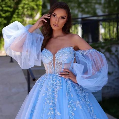 open lace back dress Princess Sky Blue Elegant Ball Gown Prom Dress
