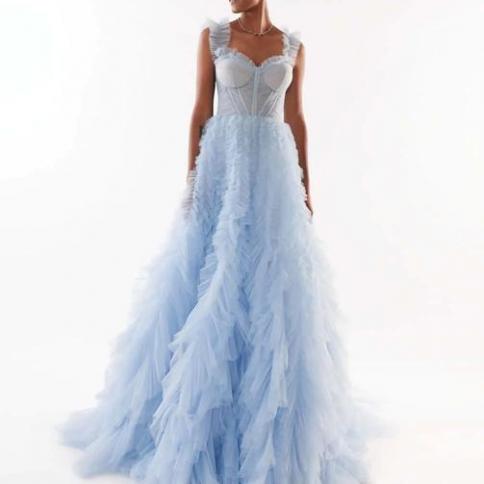 Light Blue All Ruffled Up Evening Fluffy Dress Long Prom Maxi Gown